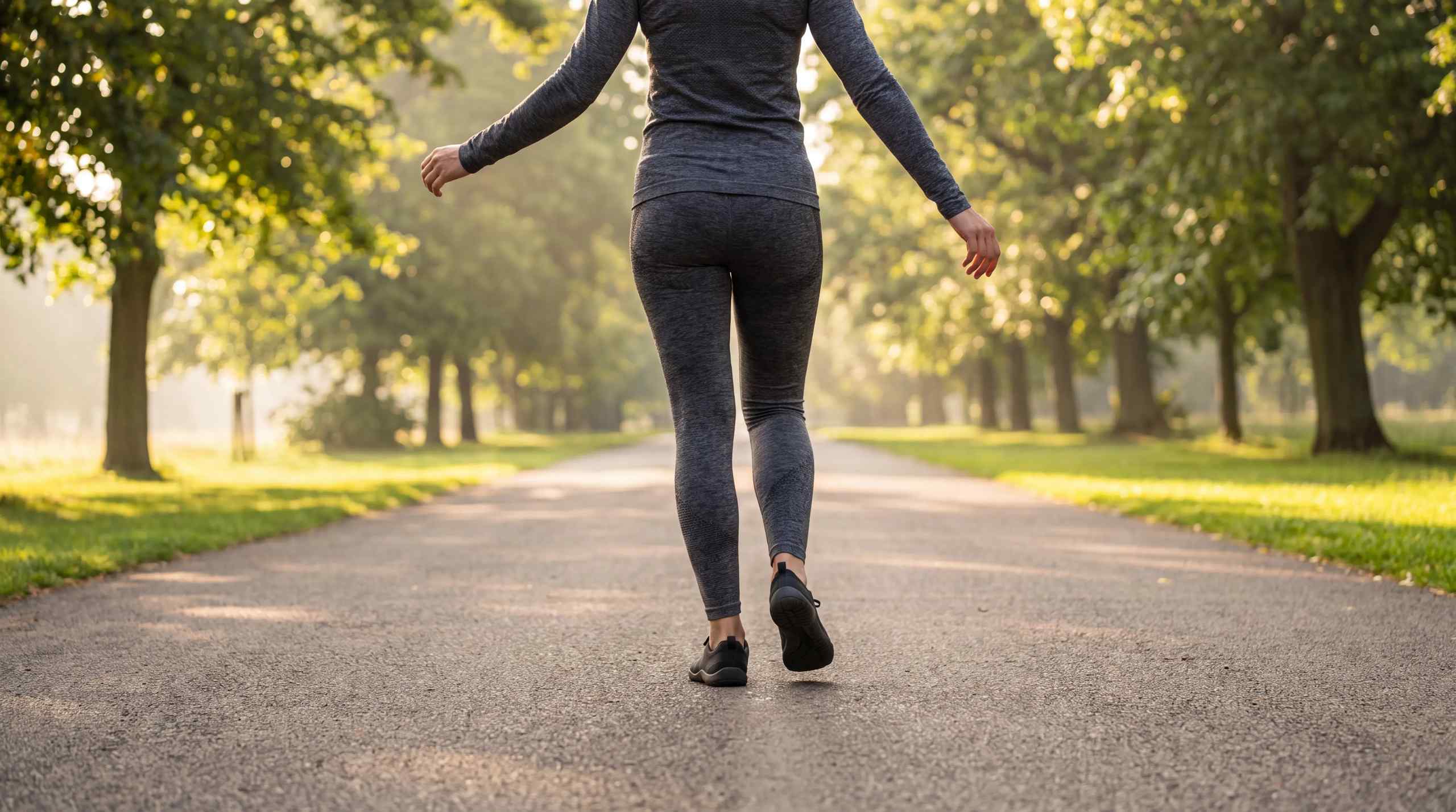 A woman walking backwards in a park.